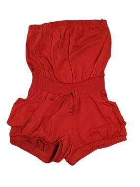 Chocolate Red Strapless Romper Shorts with Smocked Waist